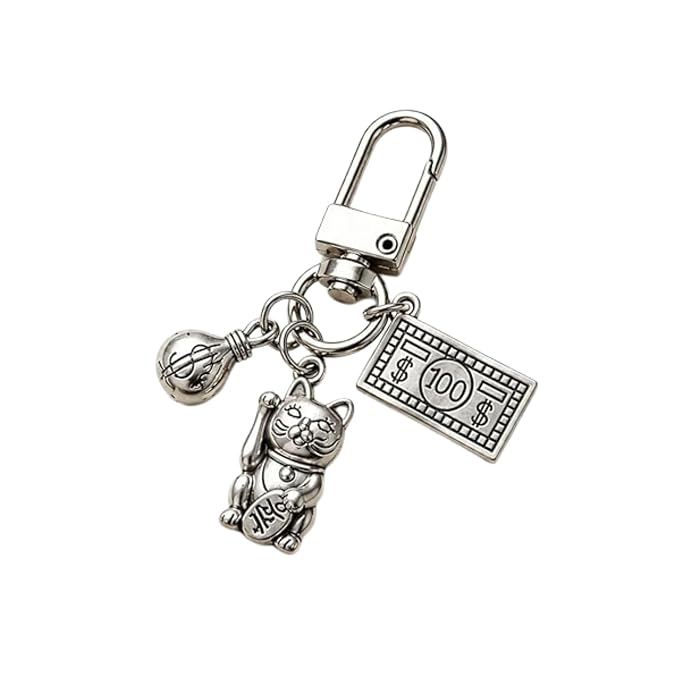 Silver Lucky Cat Money Charm Keychain