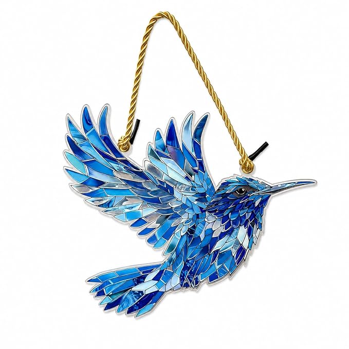 Blue Hummingbird Stained Glass Hanging Decor