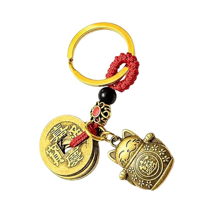 Golden Lucky Cat Feng Shui Keychain