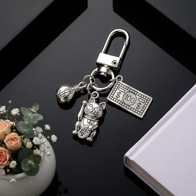 Silver Lucky Cat Money Charm Keychain