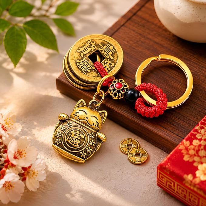Golden Lucky Cat Feng Shui Keychain
